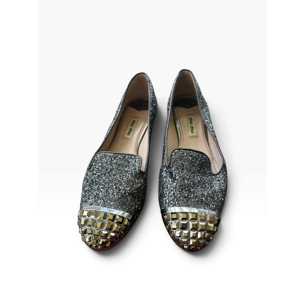 Miu Miu Silver Glitter Studded Toe Cap Smoking Slipper Loafers EU 37 US 7 5S8518